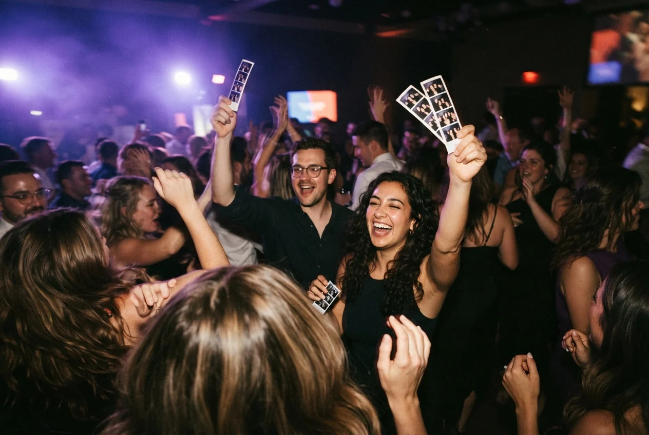 Crowded nightclub dance floor with two laughing people holding up photo-booth strips.