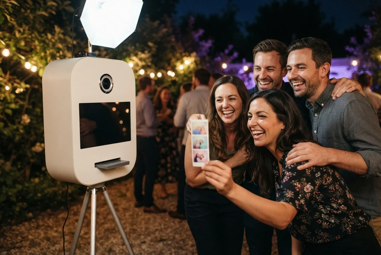 Four adults laugh together beside a photo kiosk at a warmly lit outdoor evening gathering.