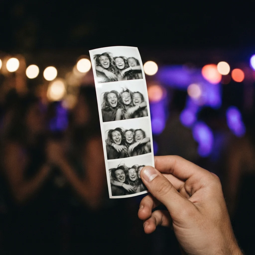 Hand holding a black-and-white photo booth strip showing three laughing friends against colorful blurred party lights.